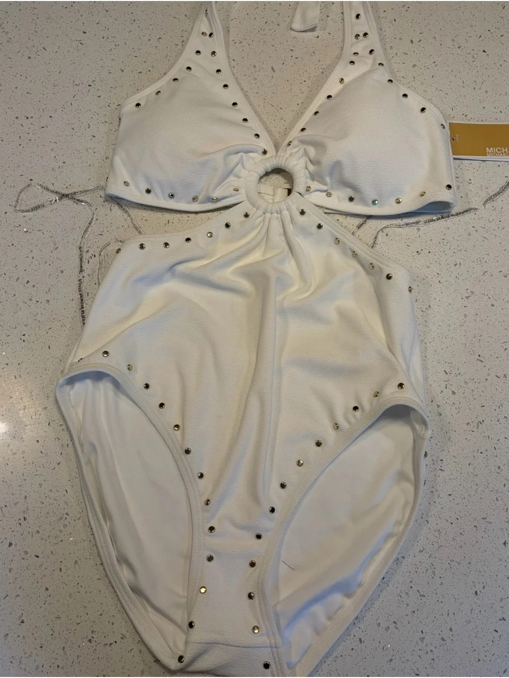 Michael Kors NWT White Studded Cutout One-Piece Swimsuit Size 12 | Gold Hardware